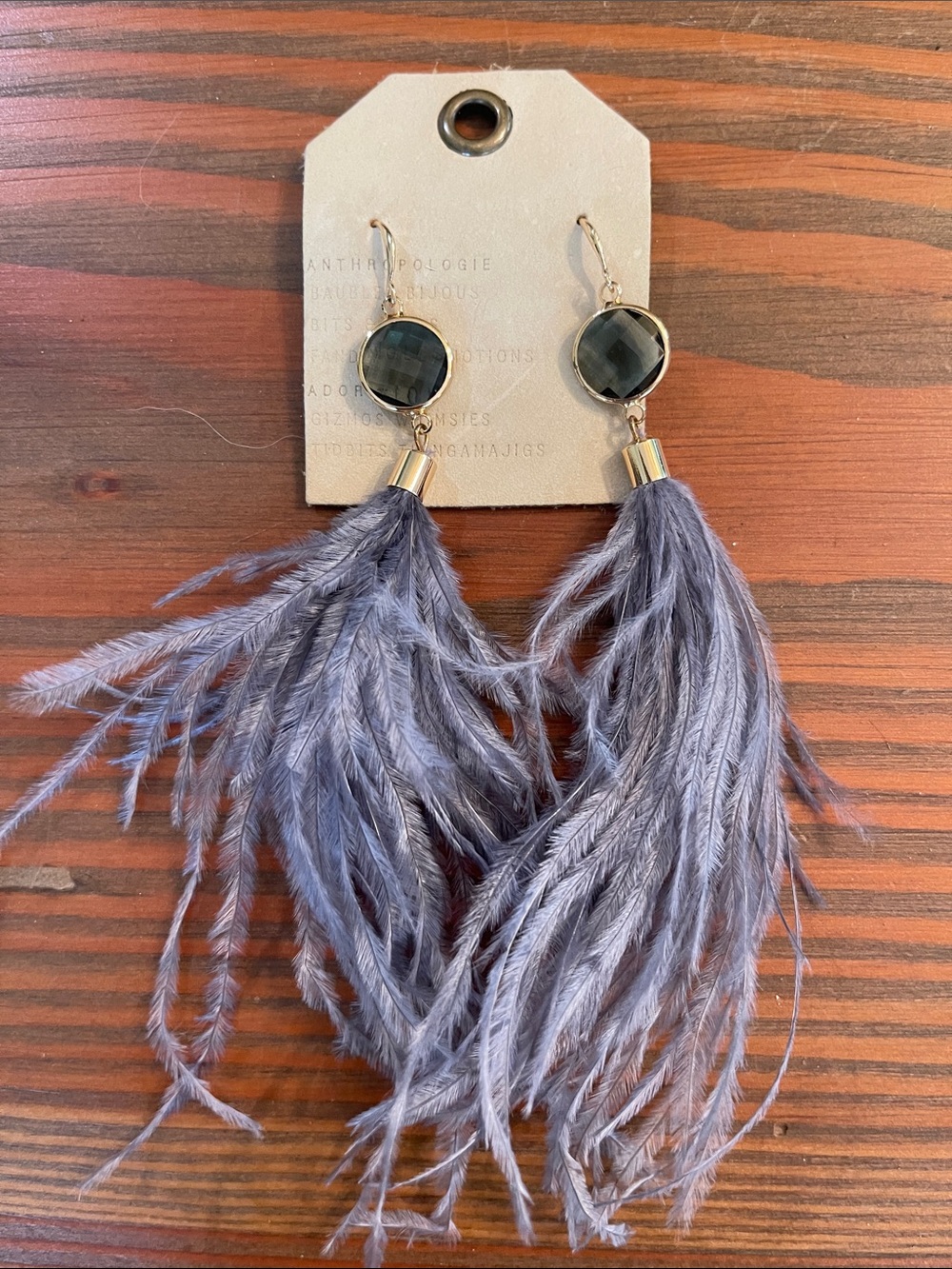 Anthropologie Lavender-Gray Feather Tassel Drop Earrings with Gold Accents
